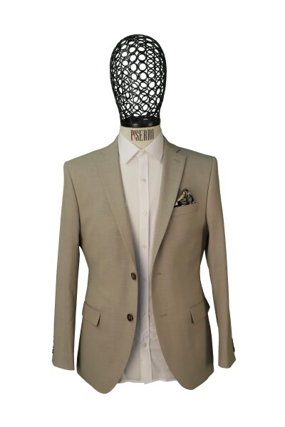 Slim Fit Ketenli Klasik Desenli Bej Rengi Ceket