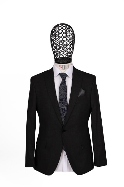 Slim Fit Yünlü Siyah Takım Elbise - 2