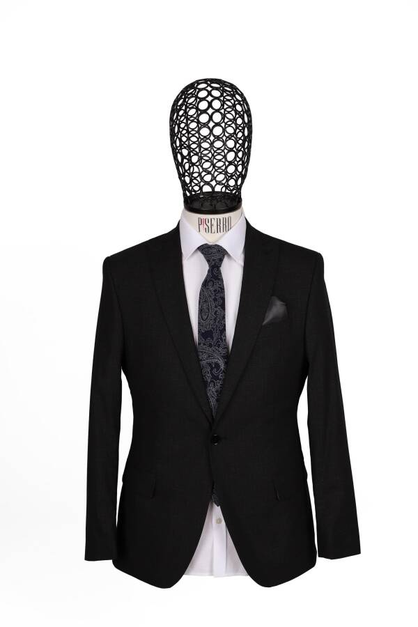 Slim Fit Yünlü Siyah Takım Elbise - 2