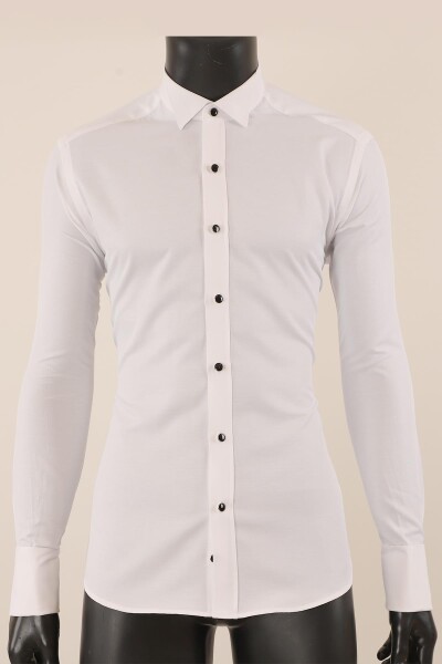 Uzun Kol Slim Fit Damatlık Beyaz Gömlek - 1