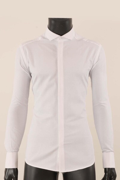 Uzun Kol Slim Fit Damatlık Beyaz Gömlek - 1