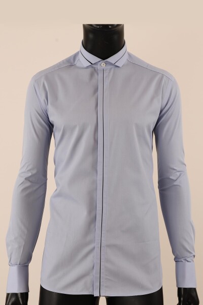 Uzun Kol Slim Fit Damatlık Mavi Gömlek - 1