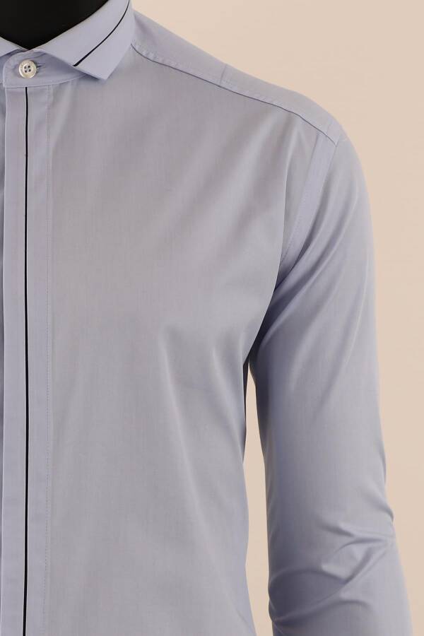 Uzun Kol Slim Fit Damatlık Mavi Gömlek - 4